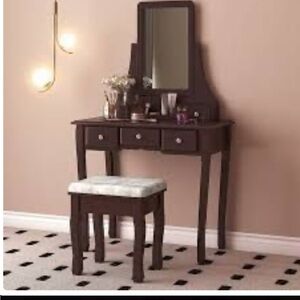 Elegant Dark Brown Vanity Mirror with Stool